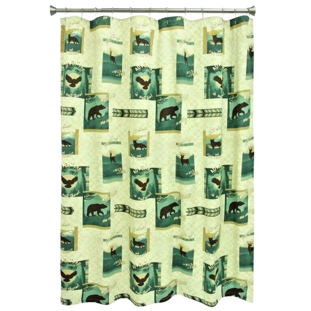 Bacova Discover The Wild Fabric Shower Curtain Bear Deer Eagle Fox Cabin Lodge